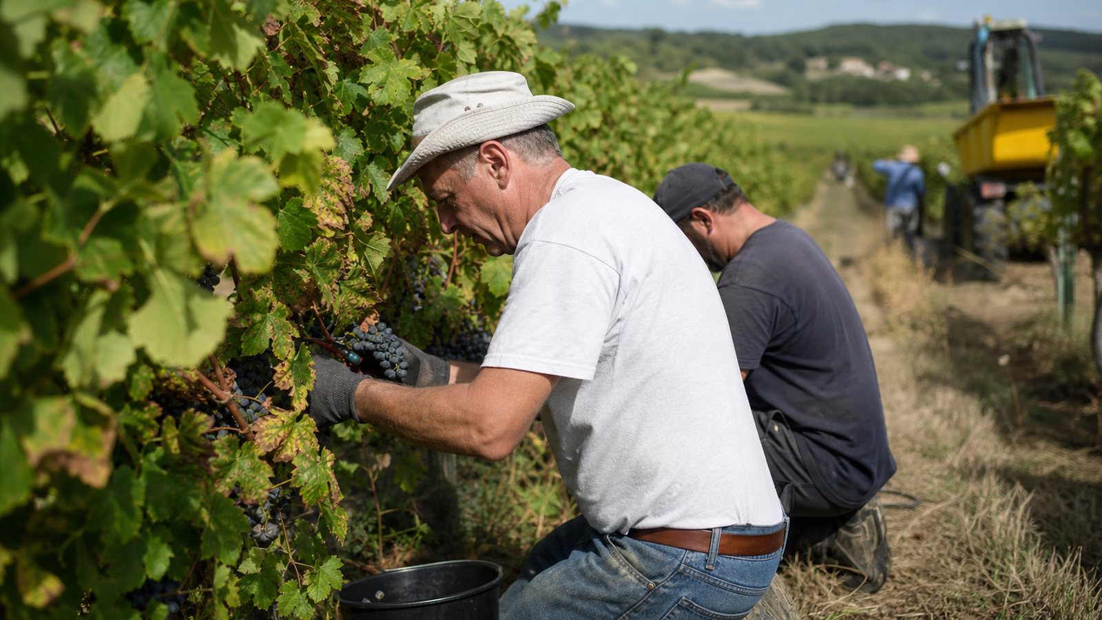 Vendangeurs récoltant le raisin dans une parcelle de vigne après le délai avant récolte