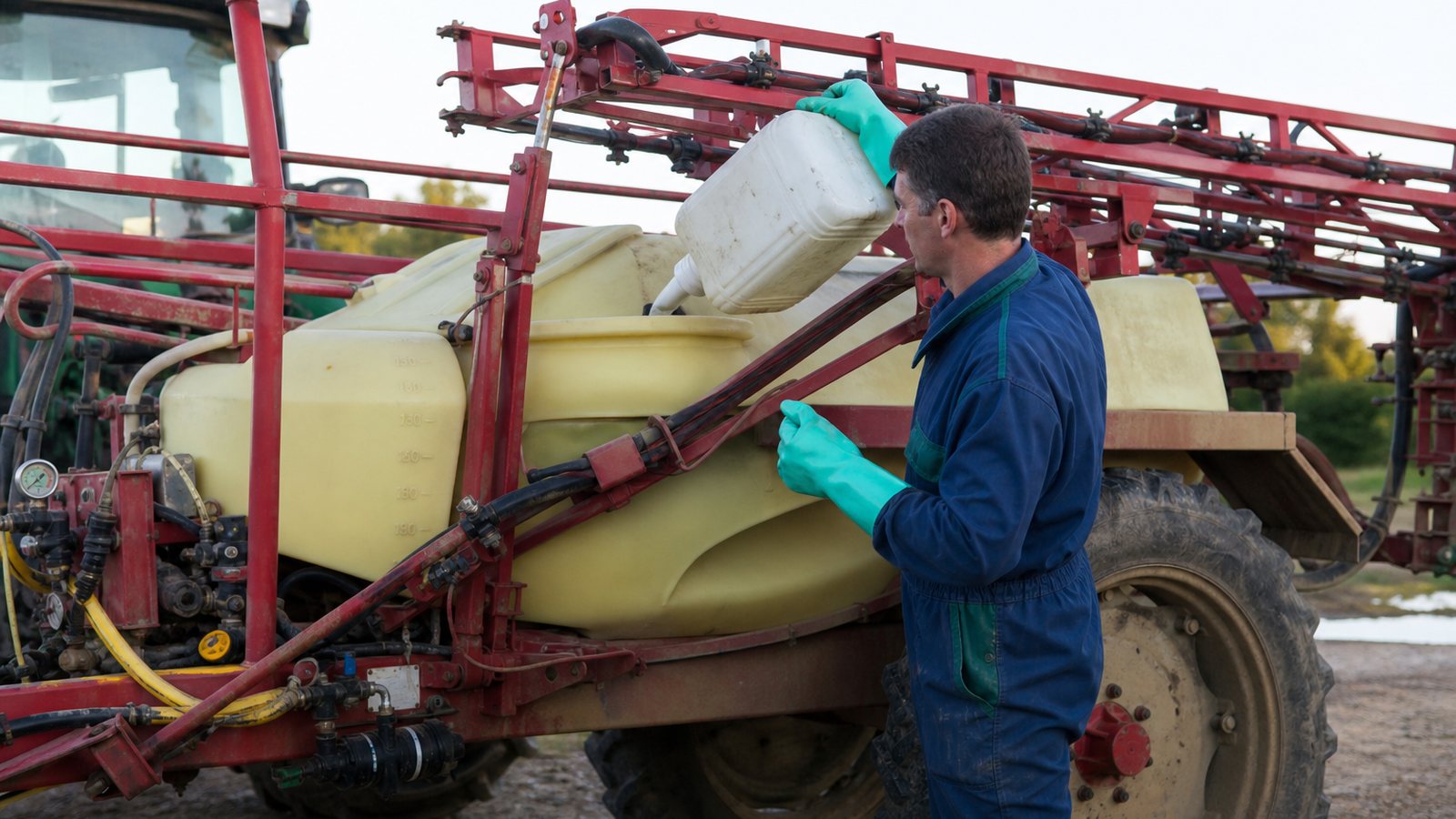 Viticulteur versant un produit dans la cuve du pulvérisateur avant un traitement en mélange