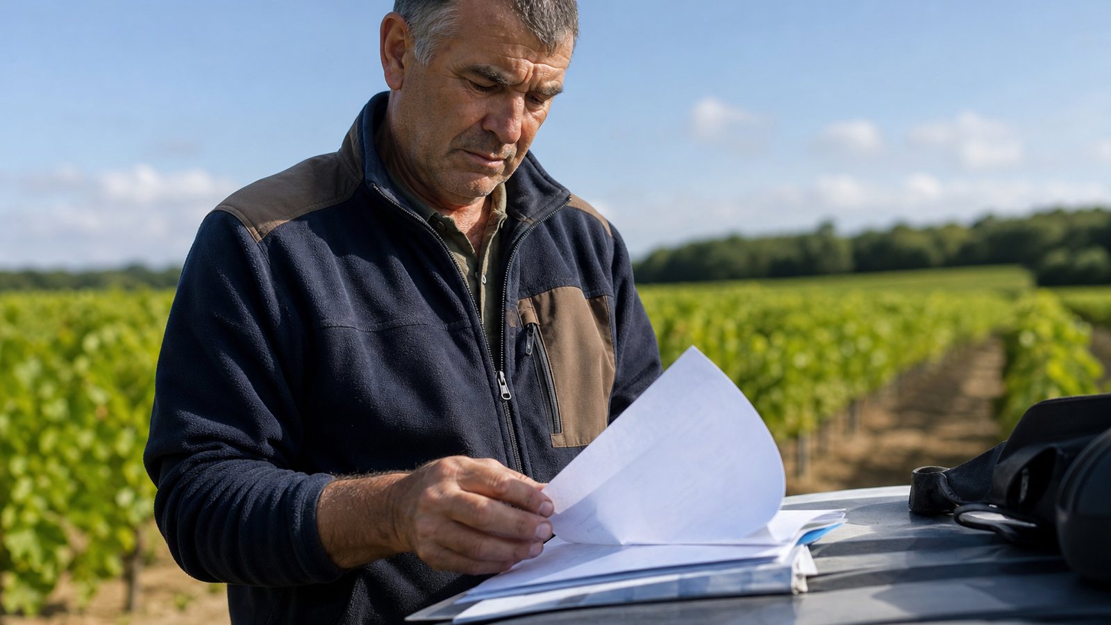 Technicien examinant le registre des traitements d'une exploitation lors d'un contrôle en plein champ
