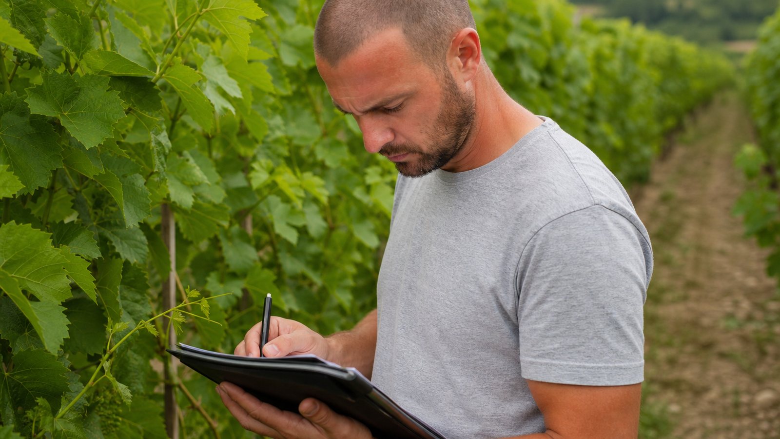 Agriculteur observant ses cultures pour décider d'un traitement raisonné, carnet de suivi en main