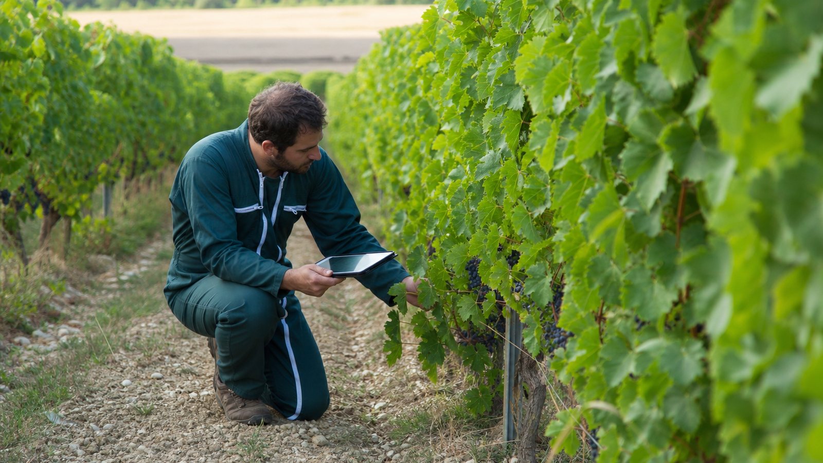 Viticulteur consignant un traitement dans le registre phytosanitaire au bord d'une parcelle