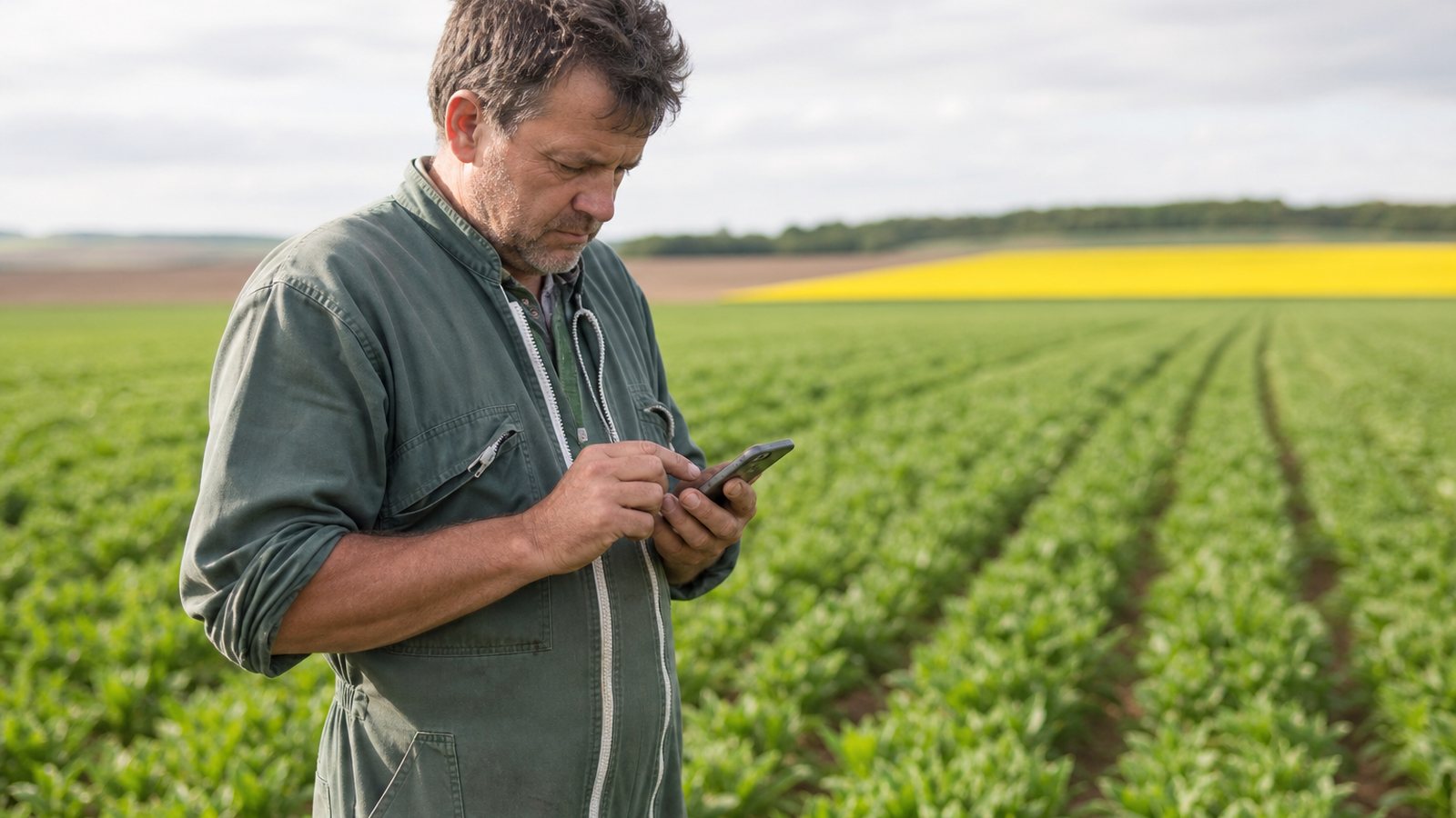 Agriculteur saisissant un traitement sur son smartphone au milieu d'une parcelle sans réseau