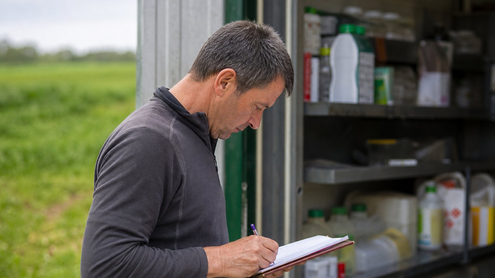 Bidons de produits phytosanitaires rangés sur les étagères d'un local de stockage agricole